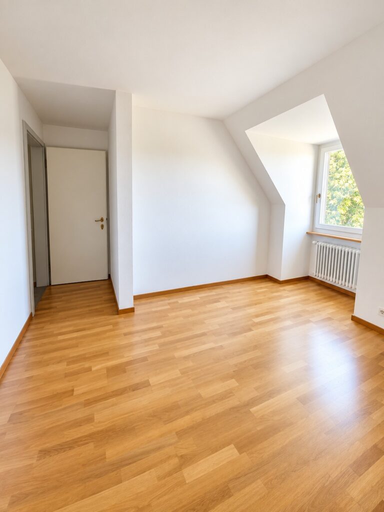 Helles minimalistisches Dachzimmer mit Fenster